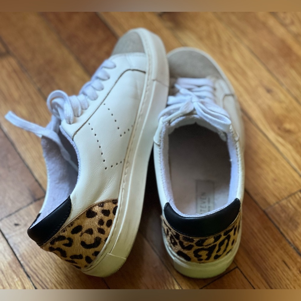 White Leather Athletic Sneakers with Leopard Heel Accent